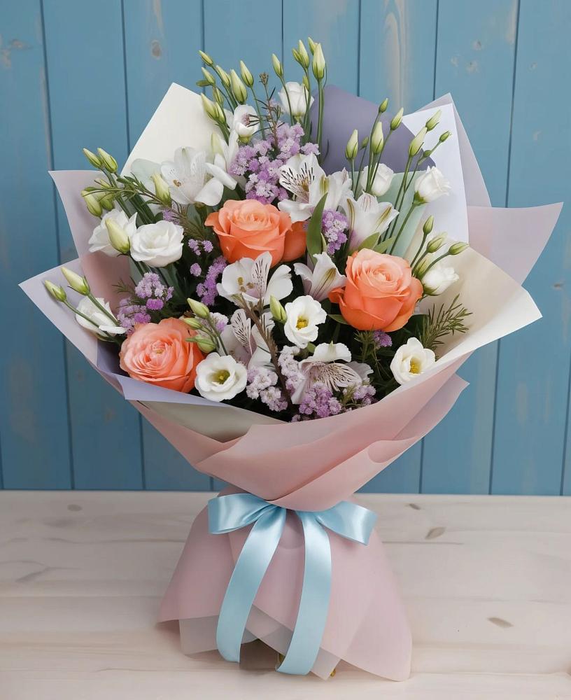 Букет цветов из: Лизиантусы, Розы, Альстромерии и Гипсофила в Шатурторф